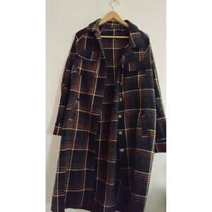 Plaid Collared Button Women's Black White Red Long Overcoat Classic Coat
